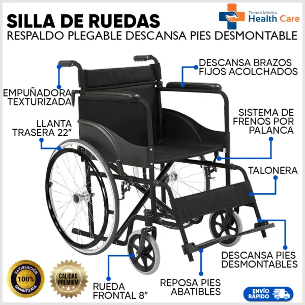 Silla de Ruedas Con Respaldo Plegable y Descansa Pies Desmontable